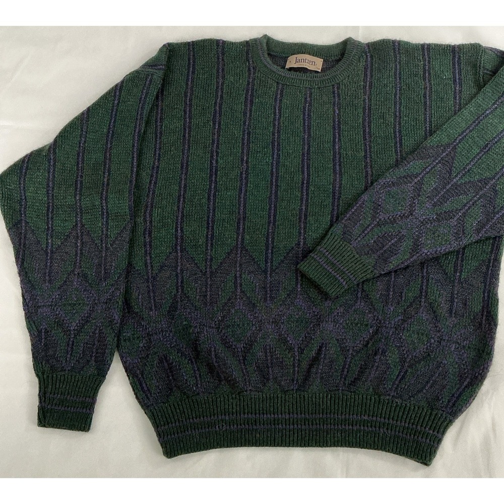 Jantzen Sweater Mens XL Blue Green Geometric Knit Pullover Vintage 90s USA Made
